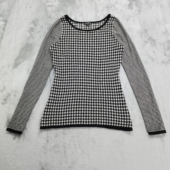 Express Sweater Womens M Black White Houndstooth Striped Sleeves Merino Wool - Picture 1 of 10